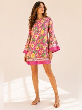 Barbara Erickson Mini Dress Statement Tropical Bell Sleeve Cotton Stretch Size L